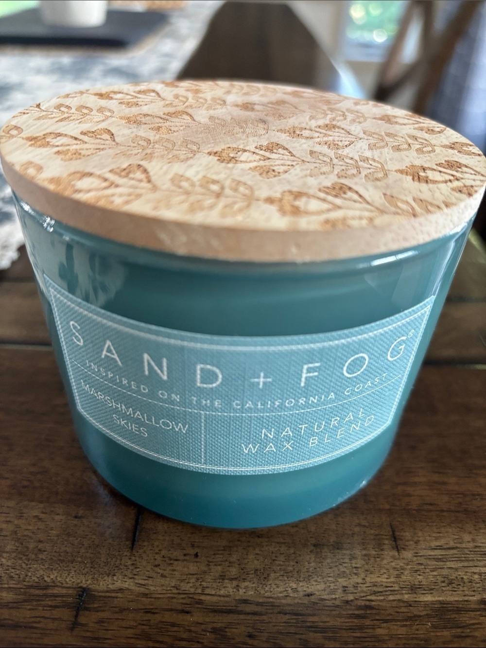 Sand + Fog Marshmallow Skies Scented Candle — Teal Jar with Wooden Lid